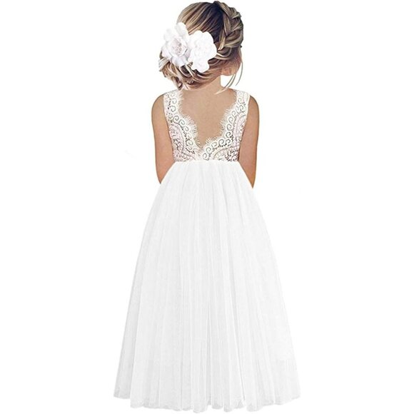 🆕Toddler Girls White Lace Cotton Tulle V Back Sleeveless Maxi Flower Girl Dress - Picture 1 of 8